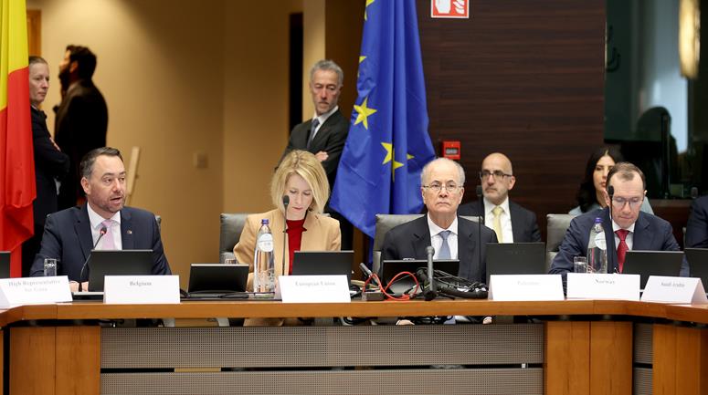  رئيس الوزراء محمد مصطفى خلال كلمتة  في الاجتماع التاسع للتحالف الدولي لتنفيذ حل الدولتين الذي عقد في العاصمة البلجيكية بروكسل