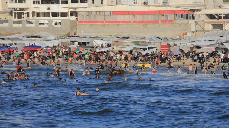 نازخون يتجمعون على شاطئ مدينة غزة هربا من حر الخيام