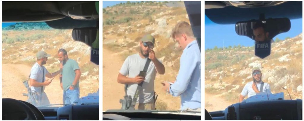 صور نشرها الوفد البلجيكي تظهر المستوطن المسلّح وهو يحتجزهم ويقطع طريقهم قرب رام الله