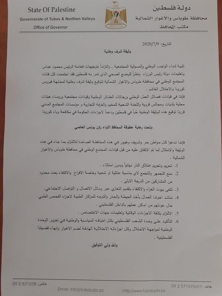 طوباس: وثيقة شرف وطنية تمنع التجمعات للحد من تفشي "كورونا"